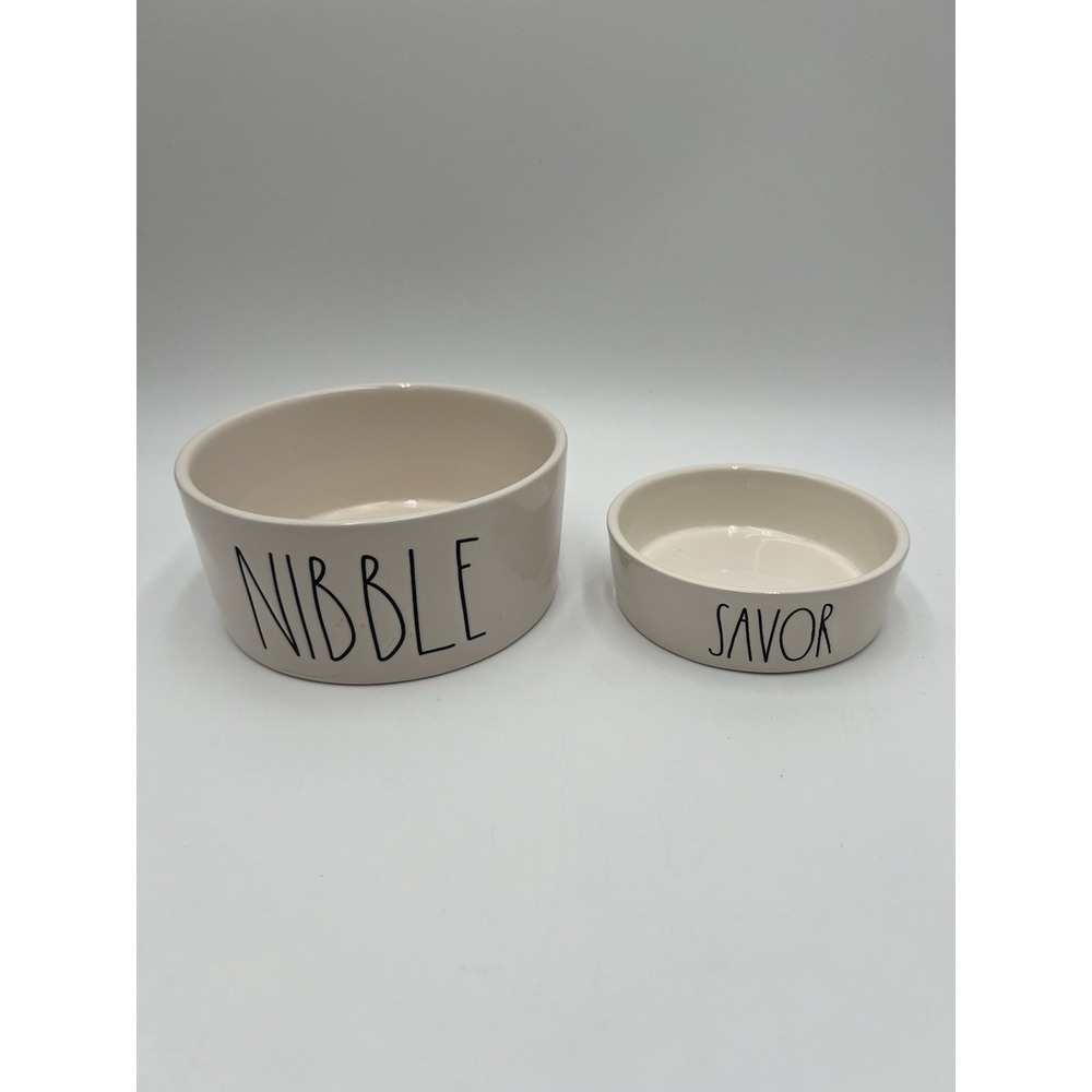 Rae Dunn NIBBLE & SAVOR Ceramic Pet Bowl Set Dog Cat Food Water Bowls